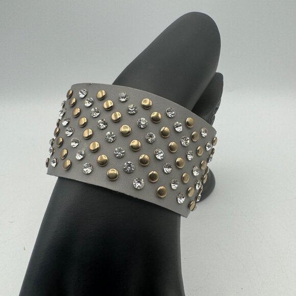 Wide Cuff Bracelet Rivet Crystal Studded Gray Snap Closure Statement Jewelry - Picture 2 of 5